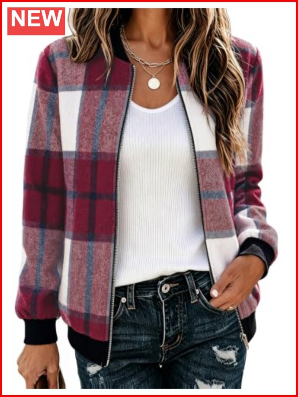 Plaid Flannel Bomber Jacket Zip Up Lightweight Casual Coat